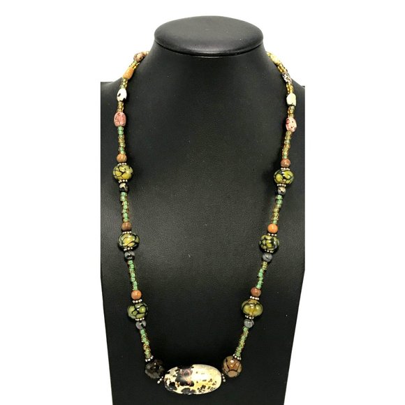 Handmade Boho Necklace Jasper Focal Bead Fire Crackle Agate & Glass Pony Beads - Picture 1 of 6